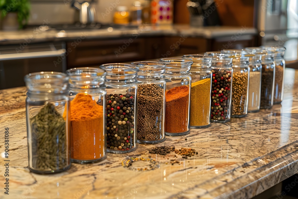 Poster a colorful array of spices in glass jars on a marble countertop