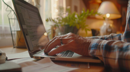 Hands of an individual typing on a laptop in a warmly lit rustic space with plants and cozy decor.