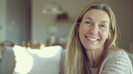Cheerful middle-aged woman exudes warmth and friendliness as she smiles inside a cozy, softly lit home setting.