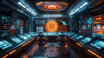 Futuristic High Tech Control Room with Holographic Screens and Advanced Technology