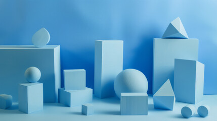 Abstract collection of blue geometric shapes against a soft blue backdrop, emphasizing spatial awareness, balance, and contemporary design.