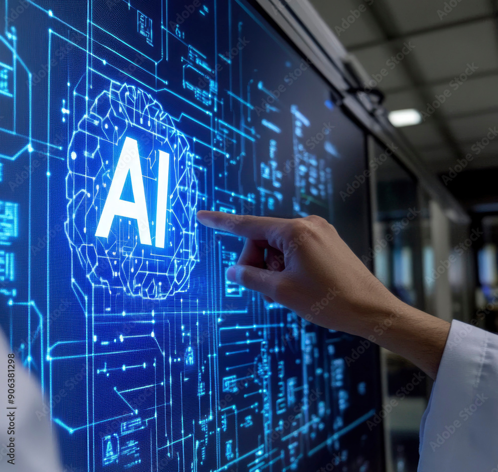 Poster a hand interacting with a digital ai interface on a screen