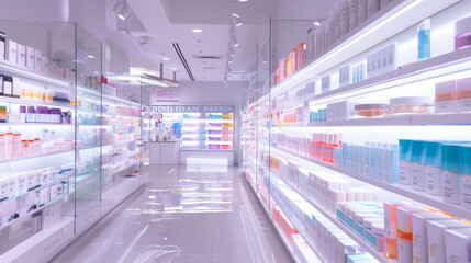 Obraz premium A sleek, modern beauty store aisle with brightly lit shelves showcasing an array of vibrant skincare and beauty products on display.