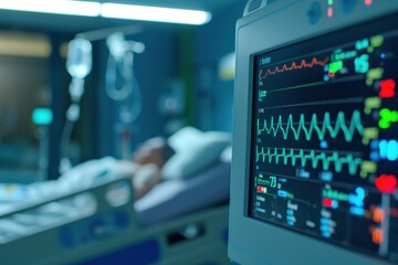 Naklejka premium Hospital ICU Heart Monitor with Patient and Doctor