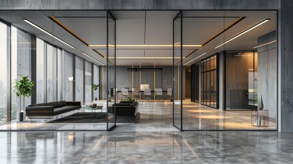 Modern office interior with glass walls, black leather sofas, and concrete floor. Features minimalist industrial design for a modern business workspace concept in industrial style.