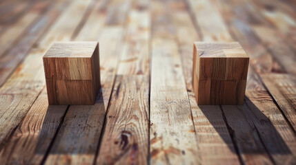 Two wooden cubes resting on a rustic, weathered wooden surface, emphasizing texture and natural materials in a minimalist setting.