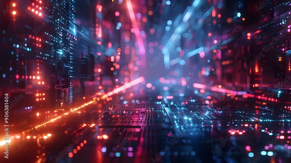 Poster vibrant glowing geometric shapes and data pathways in futuristic digital abstract space