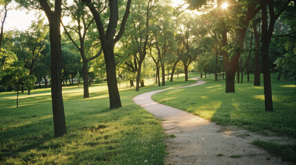 Fototapeta premium A sun-dappled pathway through a tranquil park, showing vibrant greenery and exuding a sense of peace and relaxation.