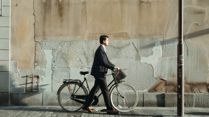 Businessman in a suit walking his bicycle past a weathered wall with a streetlight casting long shadows.