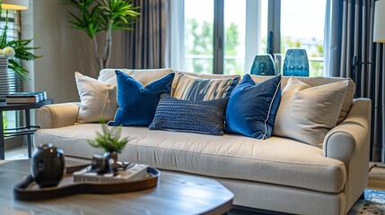 Fototapeta premium Living room lounge area in luxury apartment show home showing interior design decor furnishing with coffee table : Generative AI
