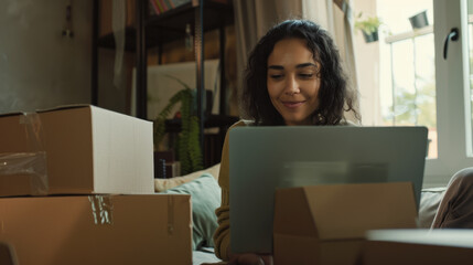 Relaxed woman works on her laptop, surrounded by moving boxes in her new, plant-filled home, signifying fresh beginnings and excitement.