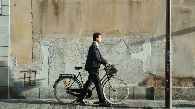 Businessman in a suit walking his bicycle past a weathered wall with a streetlight casting long shadows.