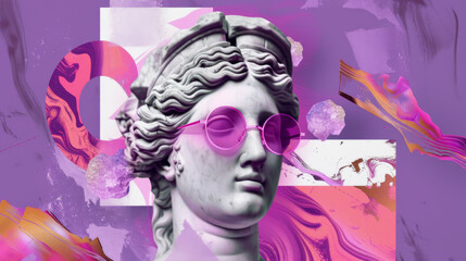 A classical marble statue adorned with vibrant pink sunglasses against a colorful, abstract backdrop of swirls and shapes, creating a surreal and playful scene.