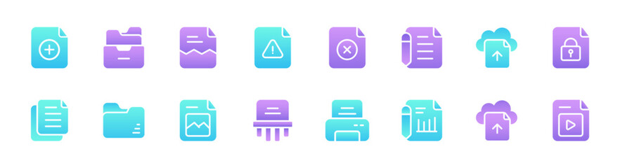 Set of document icons. 16 sets of document icons. Documents icons. Simple line color document icons