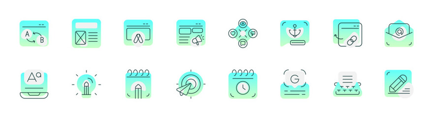 Set of copywriting icons. 16 sets of copywriting icons. Copywriting icons. Simple line color copywriting icons
