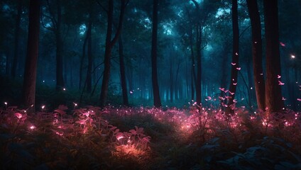 Magical night forest with glowing pink fireflies, fairytale-style wallpaper