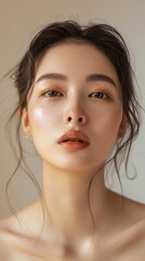 Naklejka premium Radiant Young Asian Woman with Pristine Fresh Skin Featured on a Beige Background, Exemplifying the Perfection of Facial Care and Beauty Spa Treatments.
