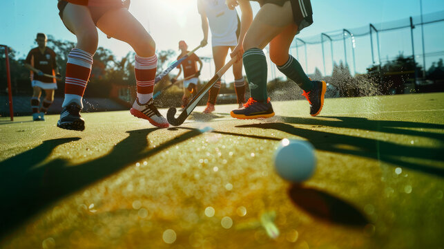 An intense field hockey match with players in motion, the sun casting dramatic shadows on the turf, creating a dynamic and energetic scene.