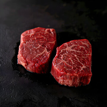 Two raw pieces of wagyu beef rump steak are lying on a black background and ready to be cooked