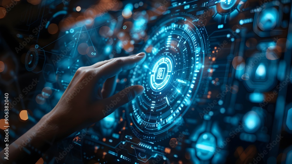 Poster futuristic interactive holographic interface with sleek high tech design and cyber background