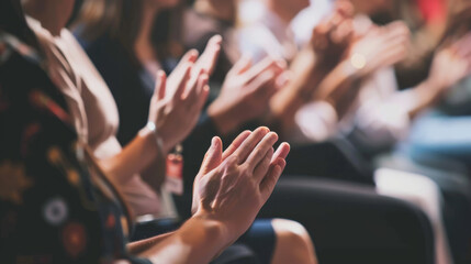 Obraz premium An attentive audience claps energetically during an engaging presentation, showcasing appreciation and focus.