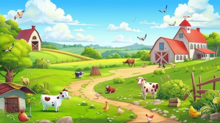 Farm Animals and Countryside Landscape.