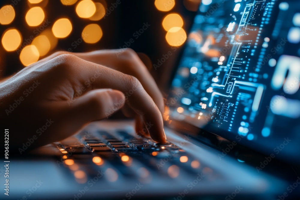 Poster hands typing on a glowing ai-themed keyboard depicting the human interaction with advanced artificia