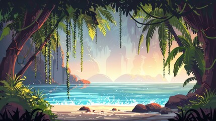 Tropical Beach with Lush Green Foliage.