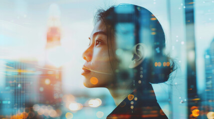 A serene, introspective portrait of a woman in profile view, with city lights and neon reflections merging into the background.