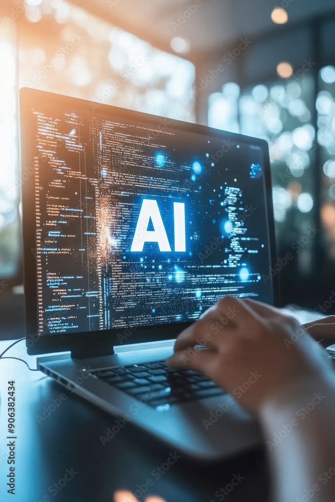 Poster person typing on laptop with ai symbol and code displayed