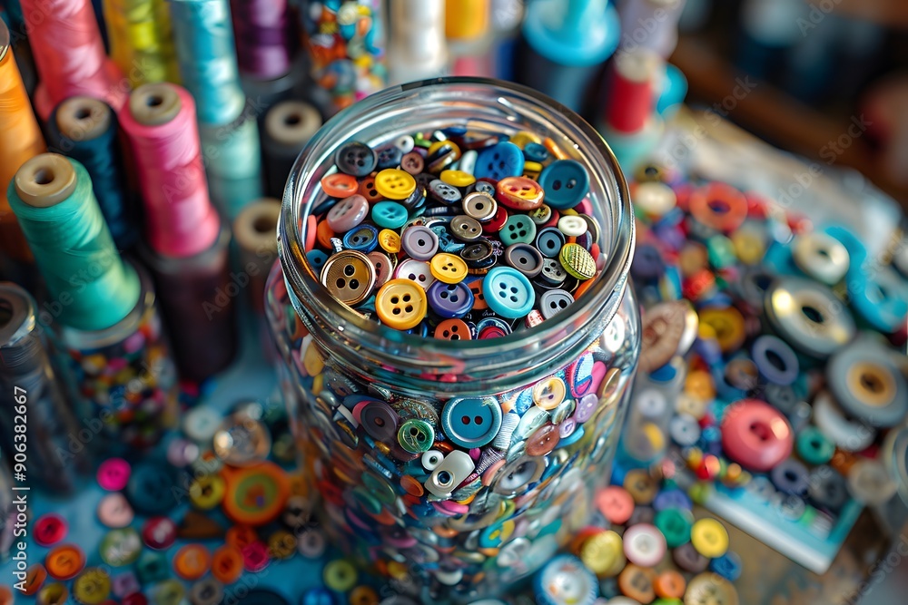 Poster a colorful collection of buttons and threads in a crafting paradise