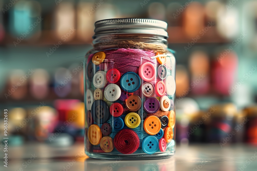 Poster colorful jar of buttons and threads for crafting enthusiasts