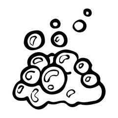Soap foam with bubbles hand drawn doodle. Washing clothes in the laundry room. Washing floors. Vector outline line art illustration.