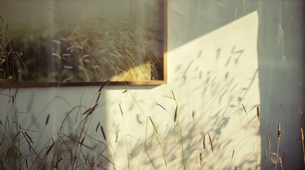 Sunlight casts shadows of tall grass onto a white wall with a reflective glass window, creating a warm and serene atmosphere.