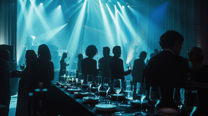 Attendees talk and drink in an atmospheric blue-lit venue, with soft light creating a sophisticated event scene.