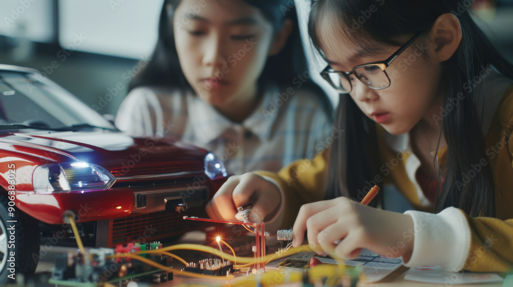 Wall mural two young girls working meticulously on wiring a toy car project, embodying the spirit of teamwork, 