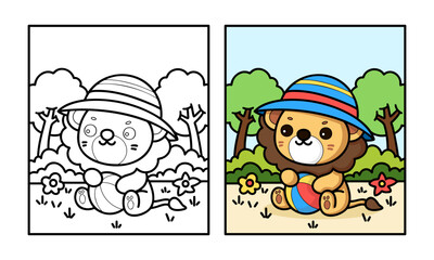 learn to color a lion playing ball, coloring book, coloring pages for children.