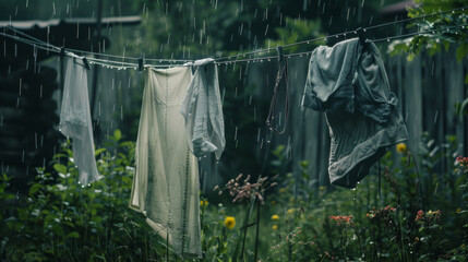 Clothes hang on a line in a lush garden, dripping with rain under a grey sky, adding a moody, nostalgic touch to the rustic outdoor scene.
