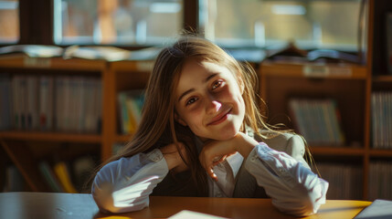 A young girl in a library, beaming with a radiant smile and resting her chin on her hands, surrounded by bookshelves.