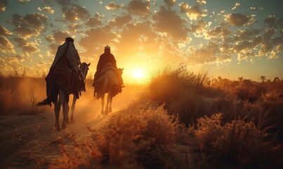 Fototapeta premium The three Biblical Wise Men going to Bethlehem to see the birth of the baby Jesus of Nazareth, Generative AI 