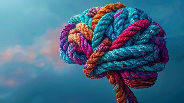Mental Health Spectrum as a Tangled brain of diverse ropes twisted into a human thinking organ as a cognitive symbol for mind function or anxiety disorders or dementia and autism : Generative AI