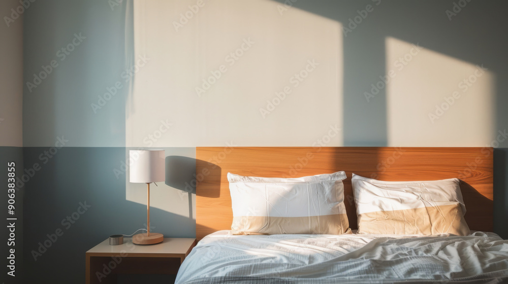 Wall mural A cozy bedroom bathed in soft, natural light, showcasing a neatly made bed with white linens and a wooden headboard next to a small lamp on a bedside table.