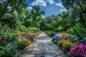 Obraz premium A Serene Pathway Through a Vibrant Flower Garden