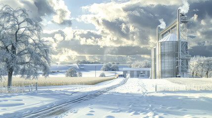 A serene winter landscape featuring a large industrial building surrounded by snow-covered fields, under a picturesque sky with dramatic clouds.