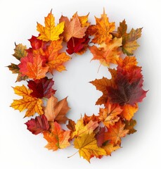 Fototapeta premium Autumn Wreath Made of Colorful Maple Leaves on a White Background
