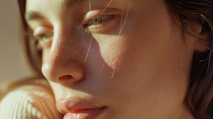 Close-up of a person's serene face, illuminated by natural sunlight that highlights their soft, freckled skin and relaxed expression.
