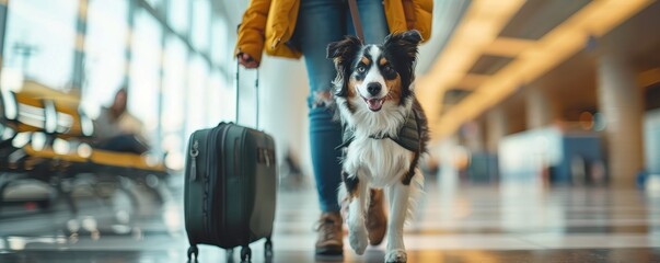 A traveler walks with a suitcase and a happy dog inside an airport terminal. Perfect for pet travel and adventure themes.
