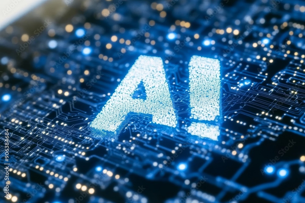 Poster blue ai symbol on a high-tech circuit board emphasizing the role of ai in digital transformation and
