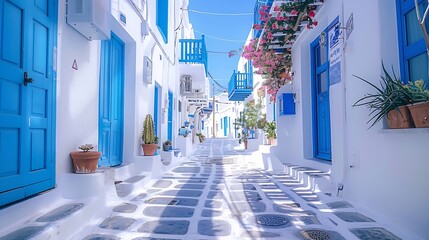 Picturesque narrow blue and white cobble street and traditional Greek houses in Mykonos Island Greece : Generative AI
