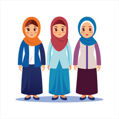 3 women character with hijab full body art vector